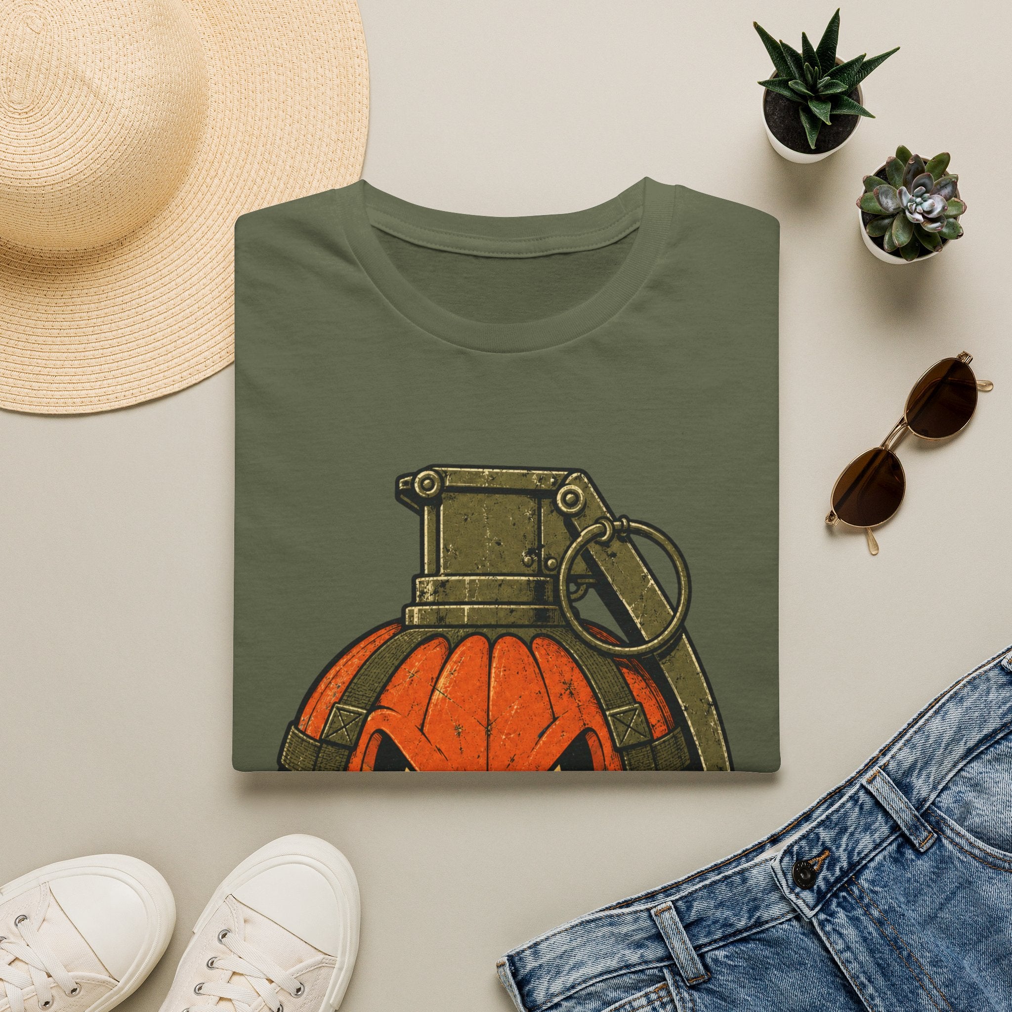 Pumpkin Grenade – Spooky Military Halloween T-Shirt, Jack-O'-Lantern Graphic Tee