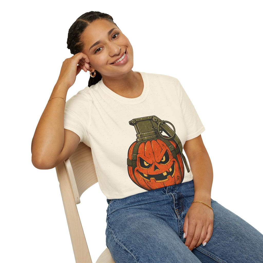 Pumpkin Grenade – Spooky Military Halloween T-Shirt, Jack-O'-Lantern Graphic Tee