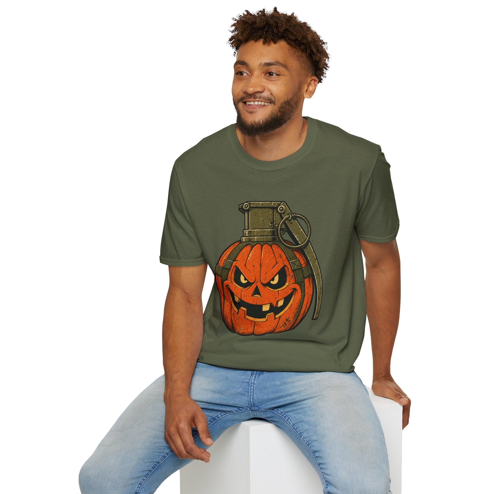 Pumpkin Grenade – Spooky Military Halloween T-Shirt, Jack-O'-Lantern Graphic Tee