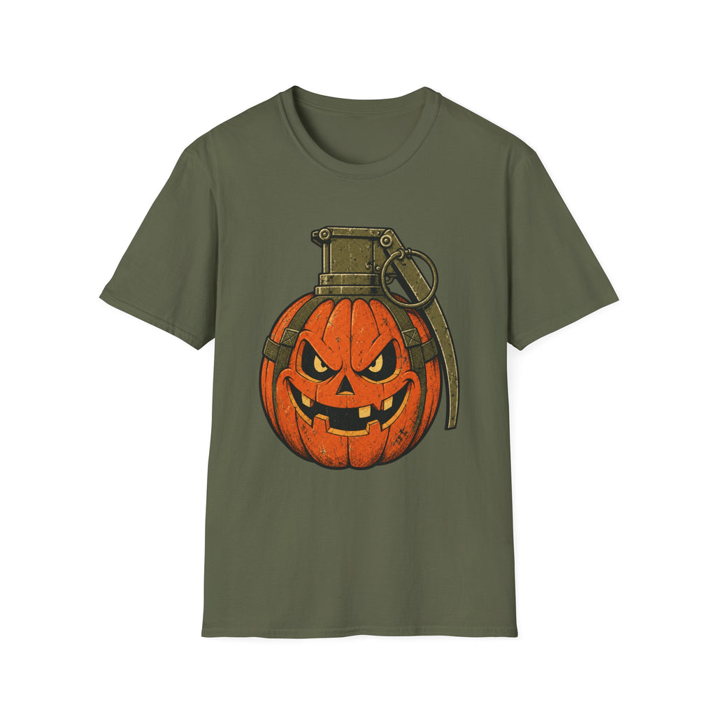 Pumpkin Grenade – Spooky Military Halloween T-Shirt, Jack-O'-Lantern Graphic Tee