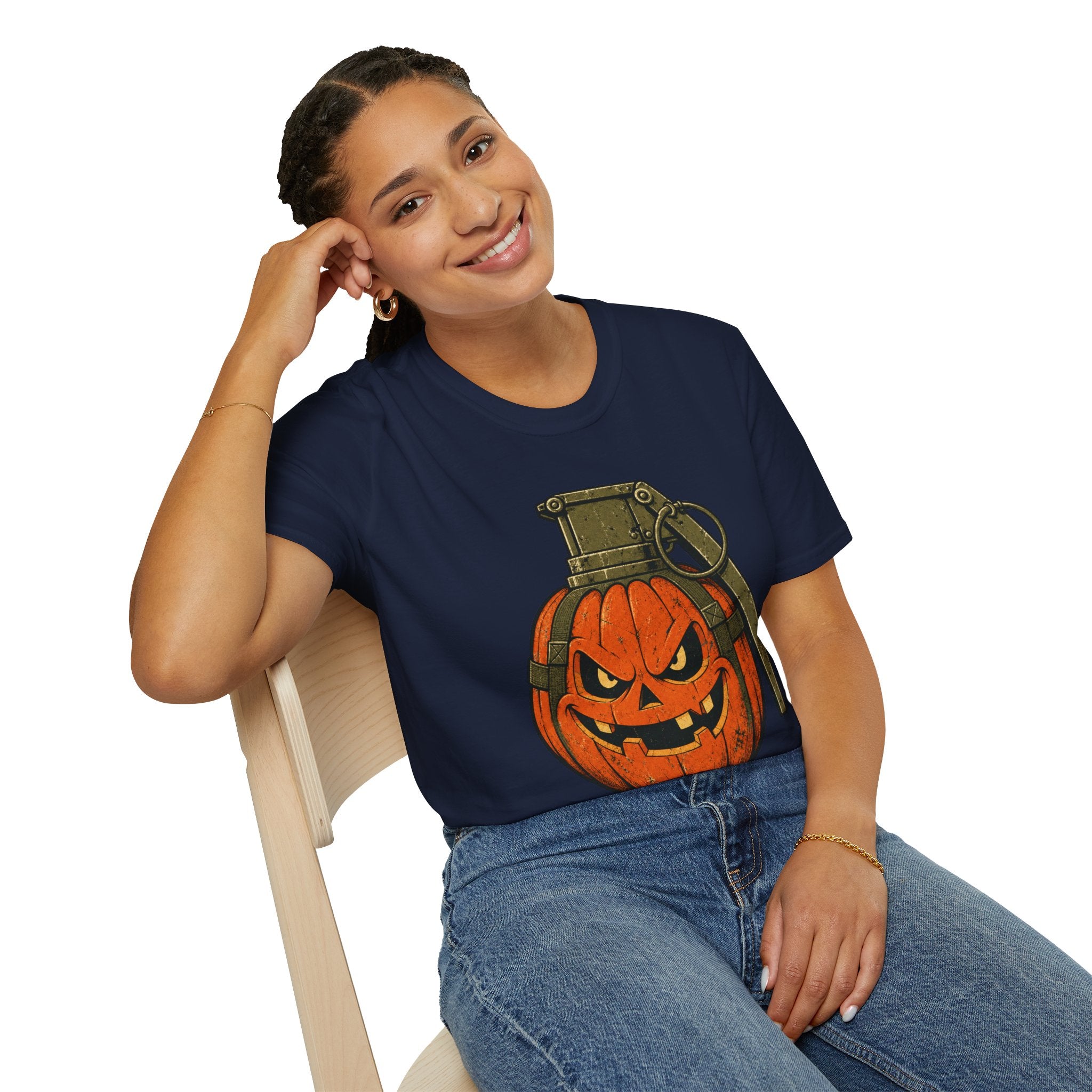 Pumpkin Grenade – Spooky Military Halloween T-Shirt, Jack-O'-Lantern Graphic Tee