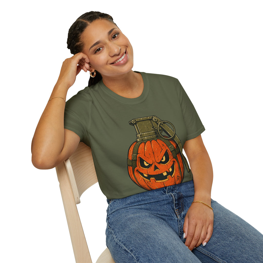 Pumpkin Grenade – Spooky Military Halloween T-Shirt, Jack-O'-Lantern Graphic Tee
